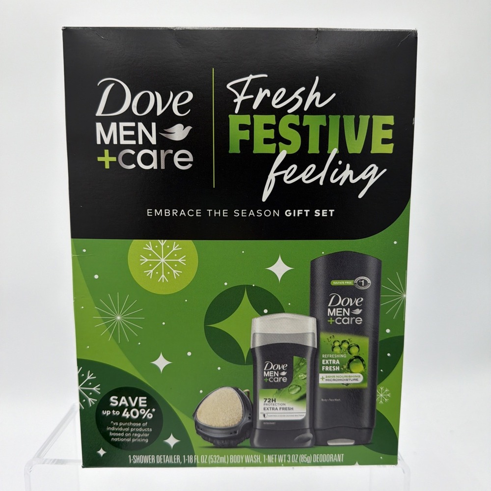 Dove Mens Gift Set- Body And Face Wash, Deodorant, Shower Detailer Extra Fresh